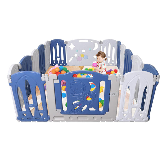 On9 Playpen Baby Playpen Foldable Baby Safety Gate with Door and Toy Board, 14+2 Panel Blue+White Baby Safety Gate, Plastic Playpen(14 Pieces)