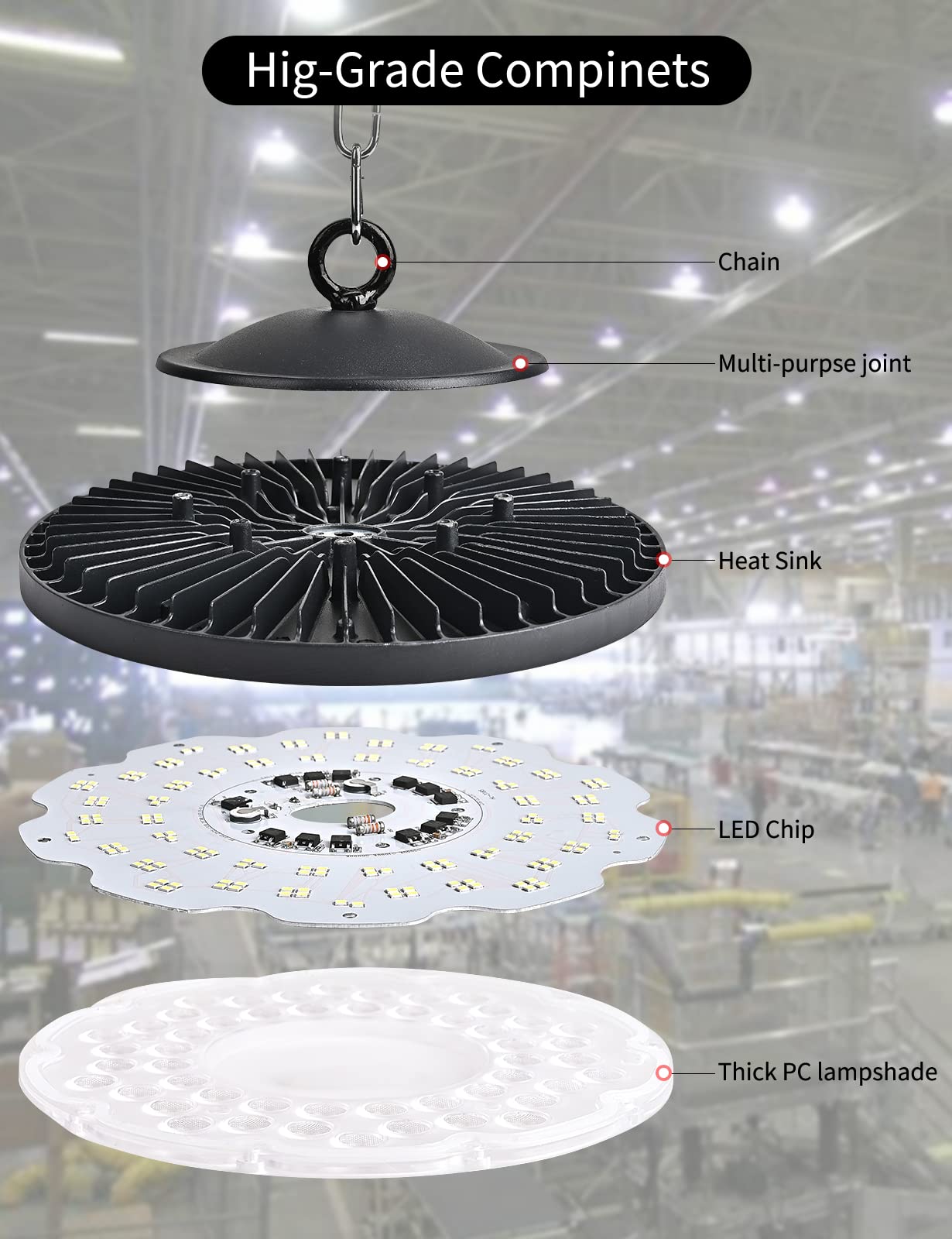 Guidance LED UFO Industrial Lamp, 100W LED High Bay Light Super Bright 10000LM Warehouse Lighting Led, IP65 Waterproof 6000-6500K Cool White LED Workshop Lighting for Garage Factory (1pcs, 100W)