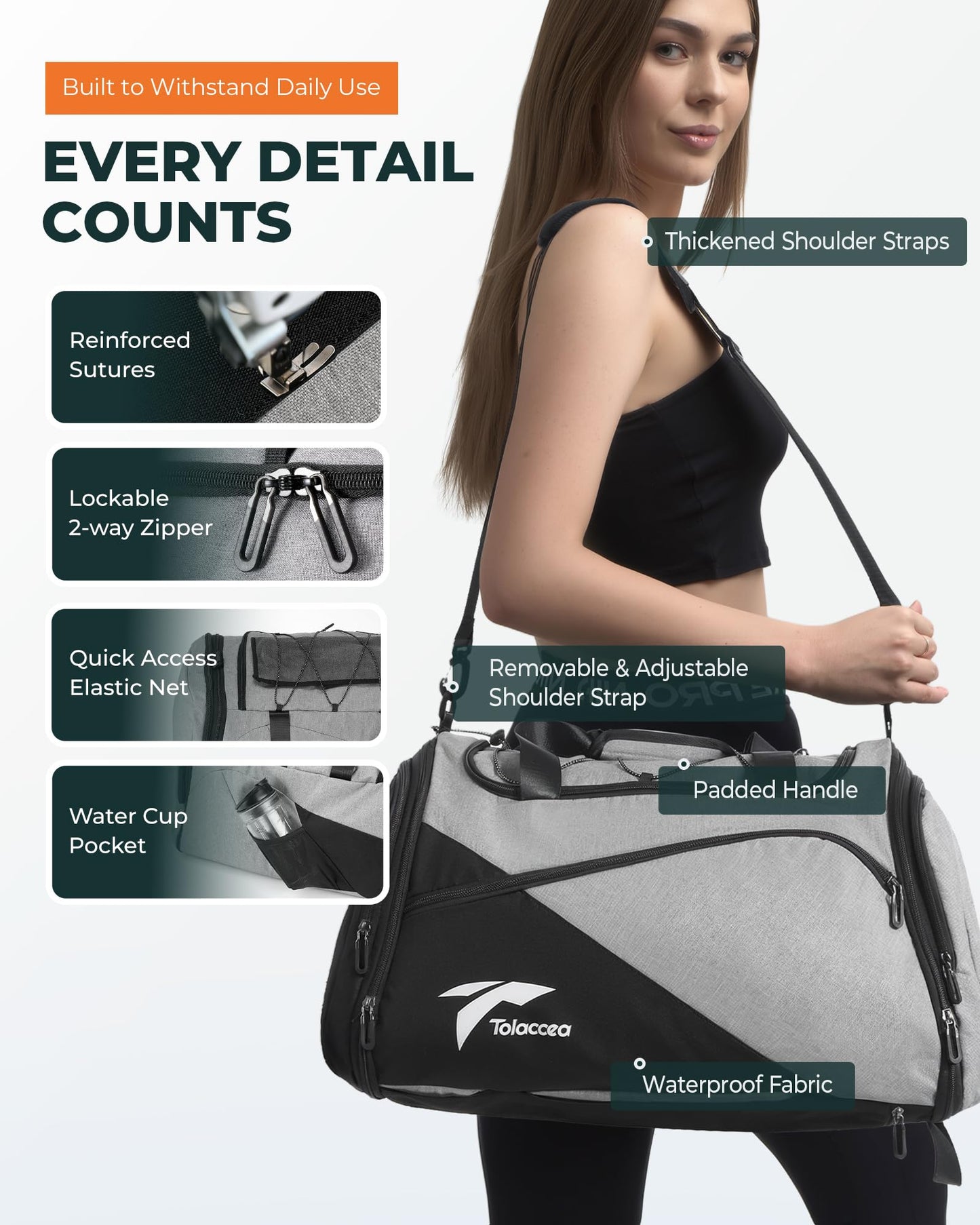 Tolaccea sports bag backpack for men and women, 45-63L expandable sports bags large with shoe compartment wet compartment laptop compartment, travel bag training bag for gym, travel, swimming, sauna, soccer (gray)