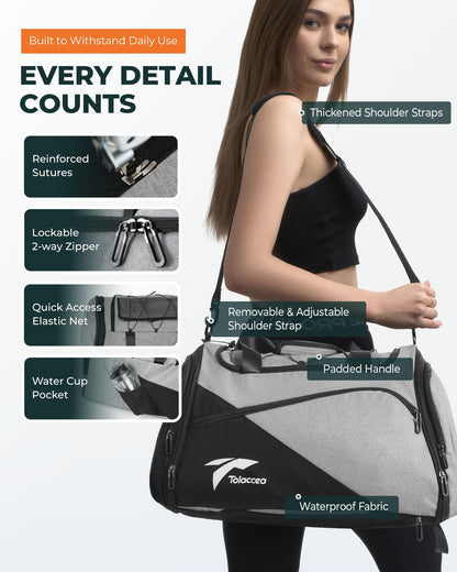 Tolaccea sports bag backpack for men and women, 45-63L expandable sports bags large with shoe compartment wet compartment laptop compartment, travel bag training bag for gym, travel, swimming, sauna, soccer (gray)