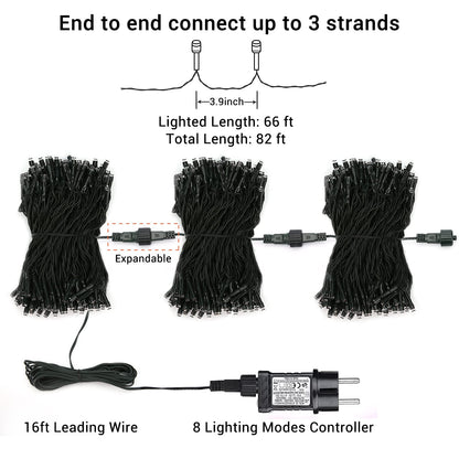 Qedertek Christmas Tree String Lights 20M 200 LED Outdoor String Lights Warm White with Timer Memory Function, Green Wire, Waterproof 8 Modes Christmas Lighting for Garden Christmas Decor