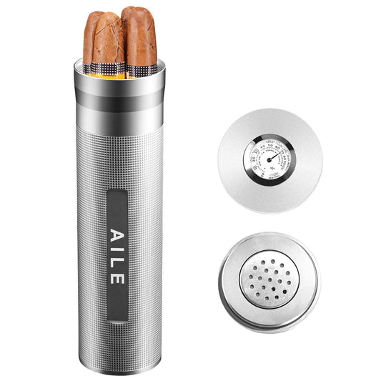 AILE Cigar Stainless Steel Humidor, Silver Travel Cigar Case, Tube for 3-4 cigars, Portable Cigar Case, Cigar Hygrometer, great gift for aficionados.