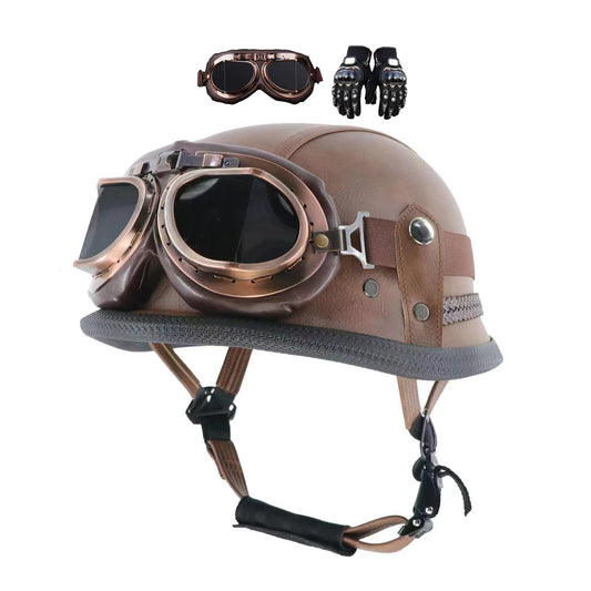 Jet helmet retro, motorcycle helmet jet helmet scooter helmet, German style half shell helmet, men and women vintage half face chopper helmet, scooter helmet, with gloves goggles, ECE approved (Color: Brown)