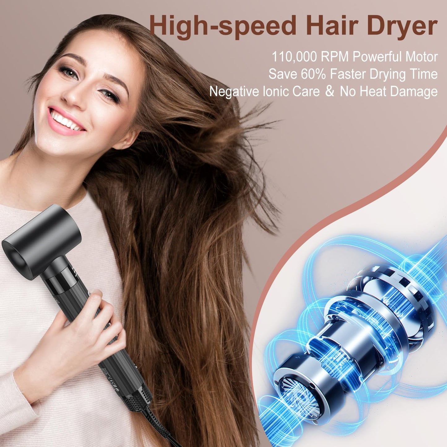 (OUTLET) Slopehill Airstyler 5 IN 1, 110,000 RPM High-Speed Ionic Hair Dryer for Quick Drying, Multi-Hair Styler with Automatic Air Curler, Hair Straightener Brush & Volumizing Brush (Dark Gray)