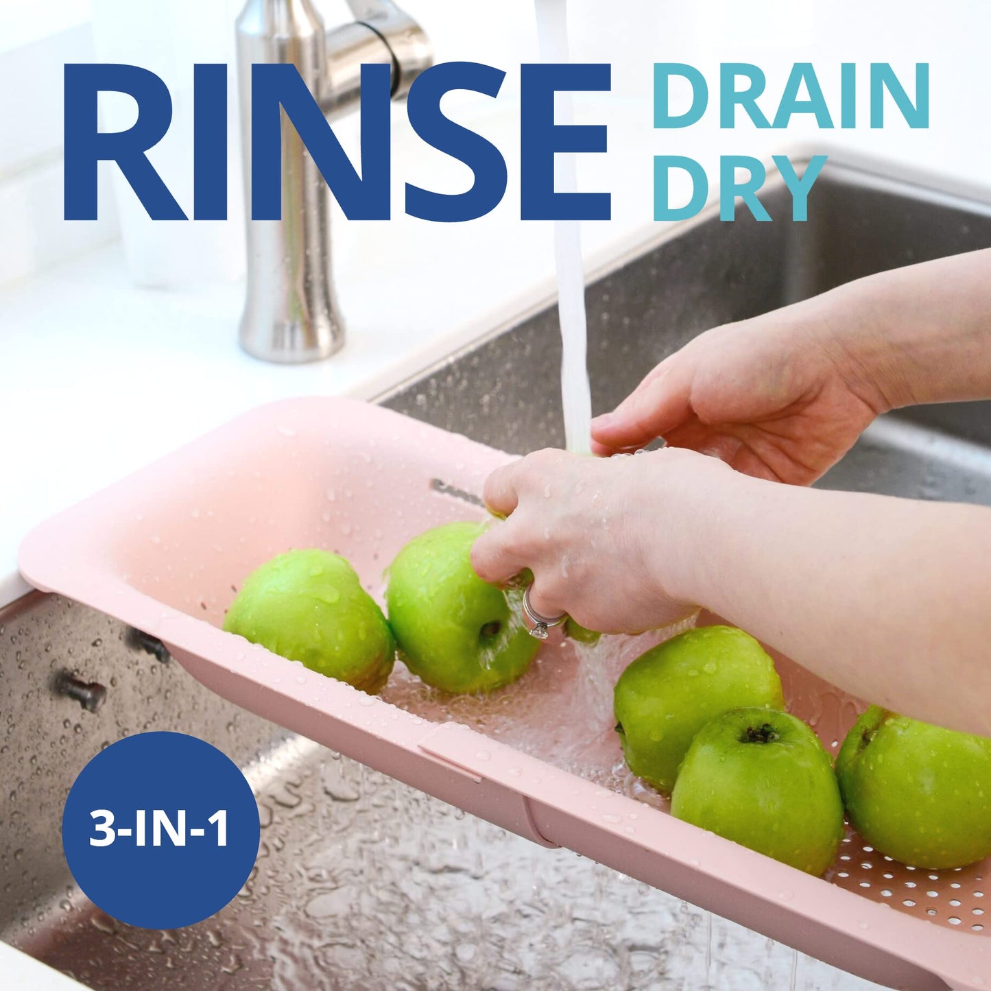BLUE GINKGO sink strainer - wash vegetables and fruits, drain cooked noodles - retractable - kitchen utensils (20 W x 37~49 L x 7 H) cm - Pink