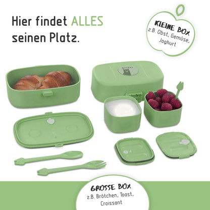 BJORKI® Bento Box for Kids with FREE name sticker - Leak-proof lunchbox with compartments - Sustainable lunchbox for kindergarten & school - The snack box for on the go. (Pastel Green)