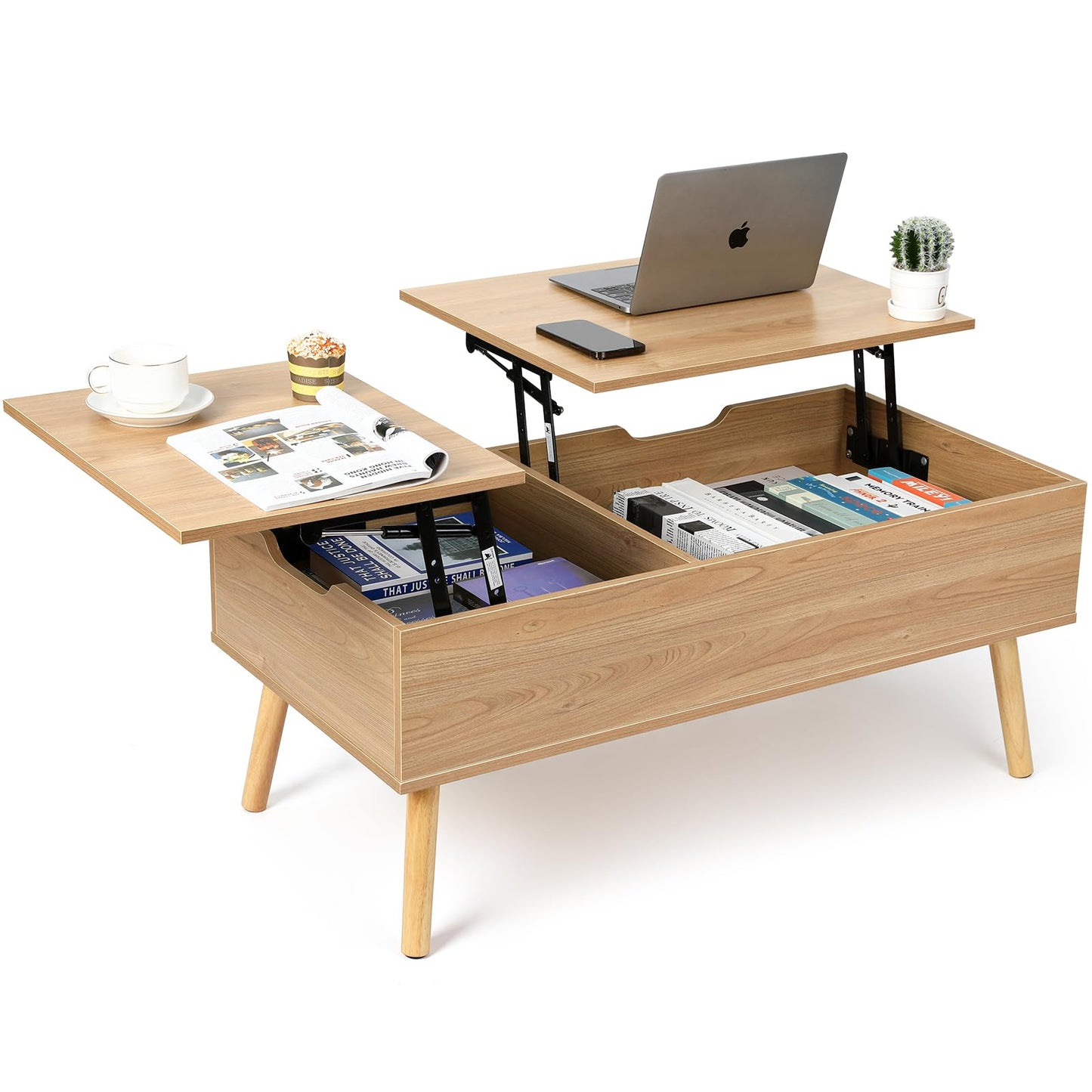 VOWNER coffee table, height adjustable, extendable, retractable living room table, separate hidden storage compartment, double lifting plate, wood color.