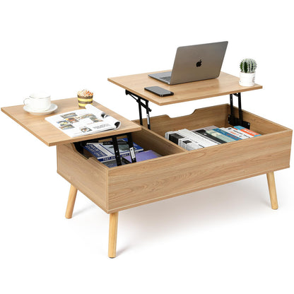 VOWNER coffee table, height adjustable, extendable, retractable living room table, separate hidden storage compartment, double lifting plate, wood color.