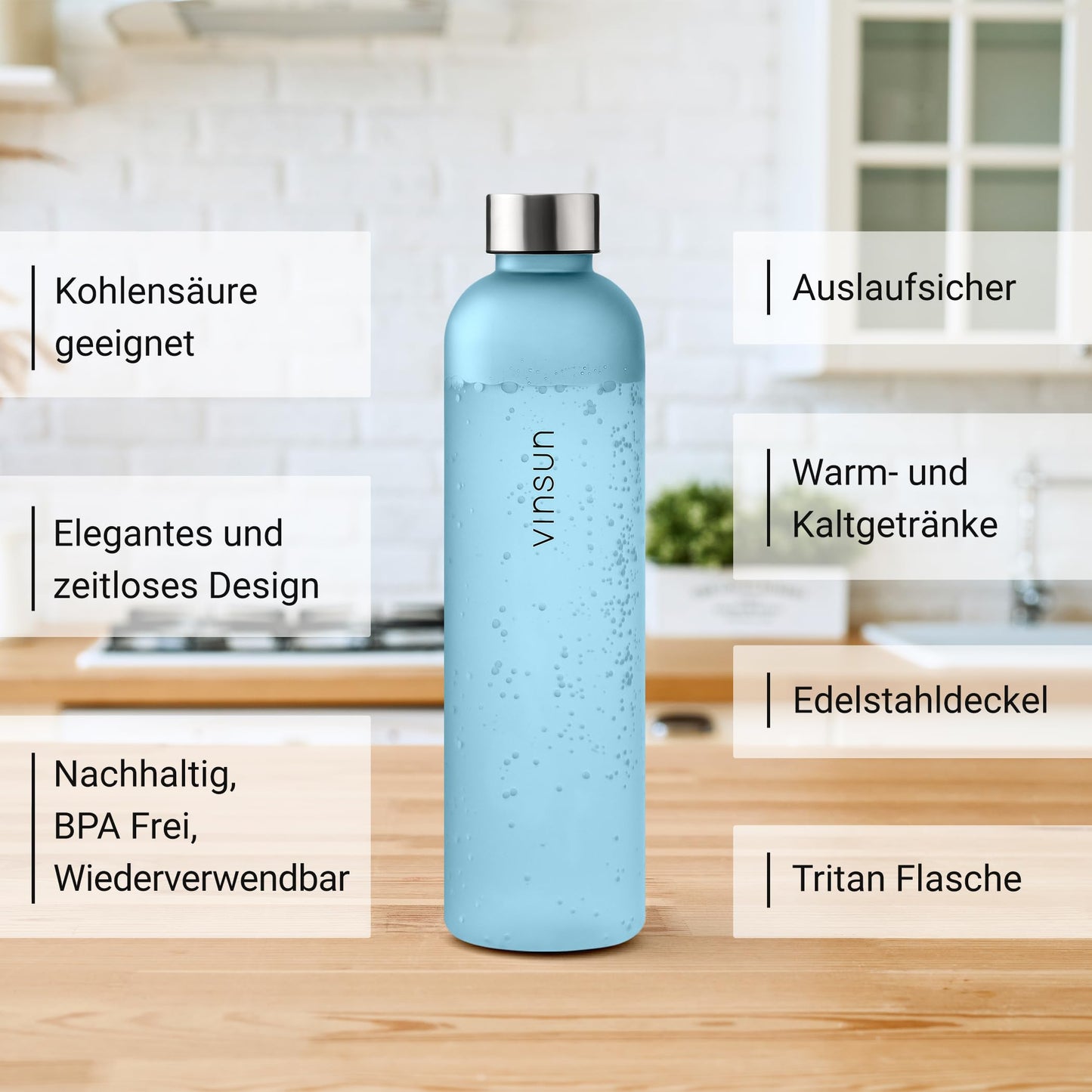 VINSUN 1l blue reusable sustainable bottle, suitable for carbonation, BPA-free, Tritan - sports bottle for outdoor, school, university, bike, office, gym.
