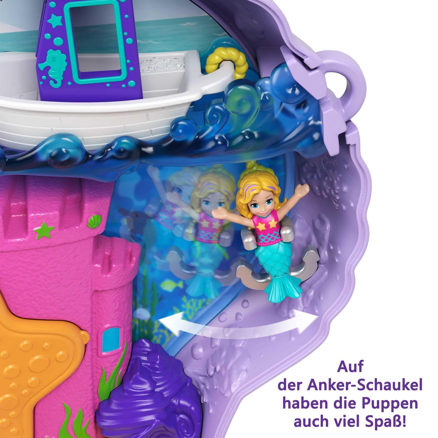 Polly Pocket Treasure Chest, shell crossbody bag in underwater theme, comes with 2 dolls and 1 submarine, Polly Pocket Mermaid toy, for kids ages 4+, GNH11
