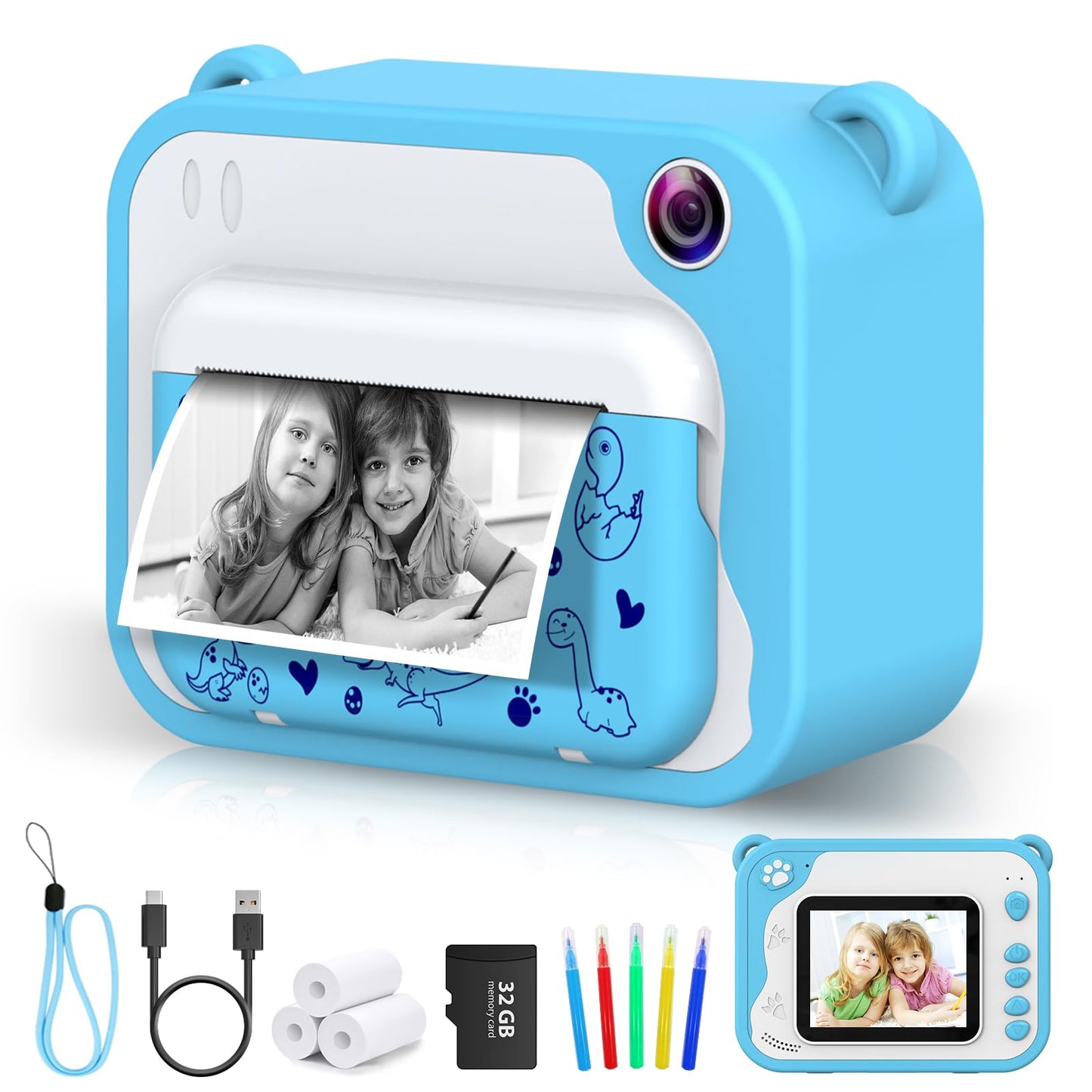 Ukuu Instant Camera 2.4 Inch 1080P Children's Camera with 3 Rolls of Printing Paper and 5 Color Brush Pen Gift for Kids Screen Black and White Photo Camera with 32GB Memory Card for Christmas - Blue