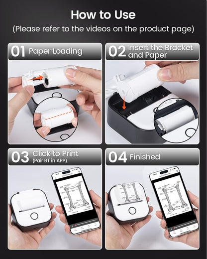 Mini printer for smartphone - sticker printer T02 Portable mini printer Inkless print pods Bluetooth pocket printer Phone printer for study graphics, anatomical diagrams, photos, journal