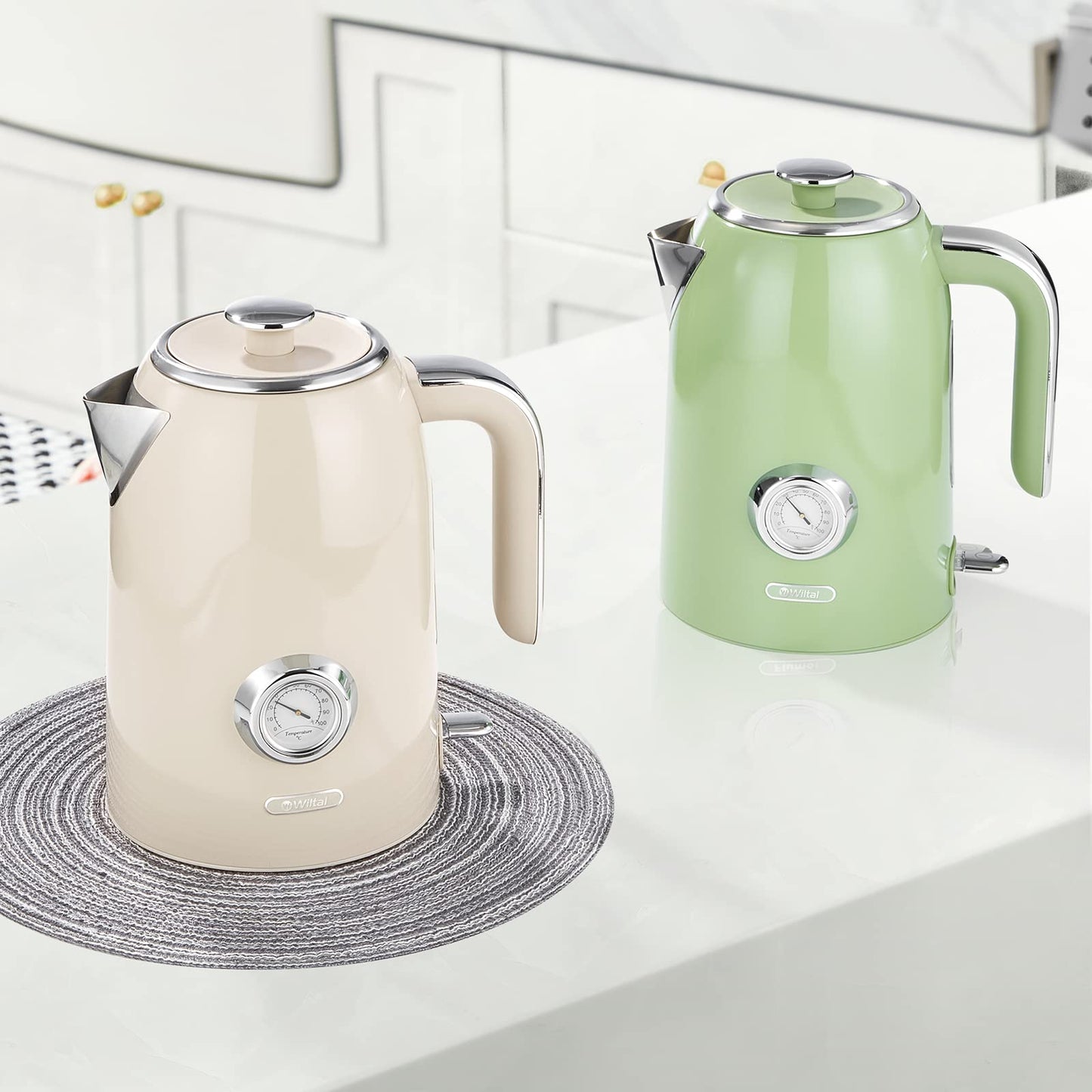 Wiltal kettle [1.7L, 2200W], retro green, stainless steel, toaster kettle set Retro (water temperature display in retro design, external water level indicator) Vintage tea maker...