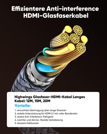 Highwings Fibre Optic HDMI Cable 20M 8K, HDMI 2.1 Cable 48Gbps Ultra Highspeed 8K@60Hz 4K@120Hz 7680P HDR10 eARC DTS:X 3D HDCP 2.2&2.3, Compatible with PS5/4/3 HDTV Blu-ray Player Monitor