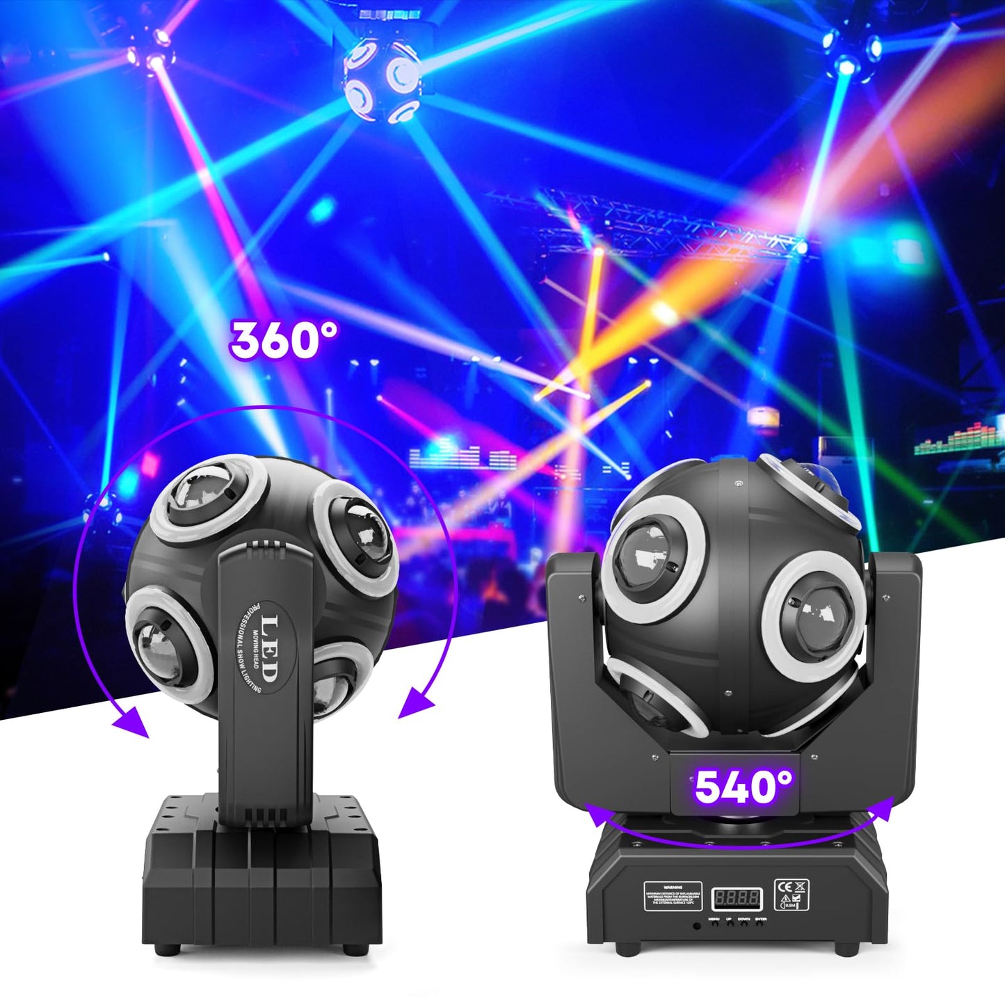 150W Moving Head Stage Light, 8 LED RGBW high-power beads with golden prism effect, d-mx512 plus Y-axis 360° continuous rotation party light for Christmas club disco bars