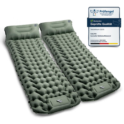 CALIYO self-inflating camping mat 2pcs - thickened air mattress with foot pump, ultralight & waterproof | integrated pillow, compact size for outdoor, hiking, tents & travel