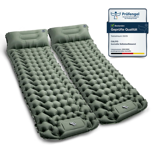 CALIYO self-inflating camping mat 2pcs - thickened air mattress with foot pump, ultralight & waterproof | integrated pillow, compact size for outdoor, hiking, tents & travel