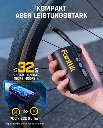 Fanttik X9 Ace Mini Bike Pump, Battery Compressor, 32s Quick-Inflatable Electric Bike Pump, 10.3BAR/150PSI Air Pump with Presta and Schrader Valve, for Road Bike, Mountain Bike, E-Bike, City Bike