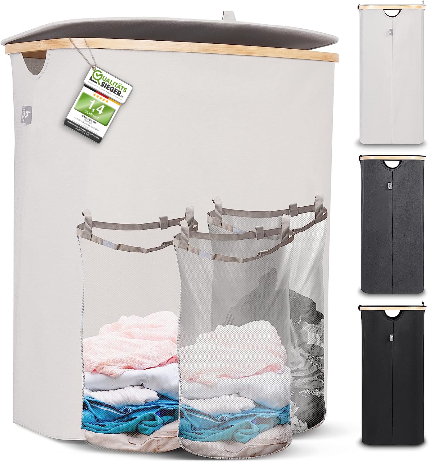 Henno's Laundry Box 150L - Laundry Basket 3 Compartments - Lid - Laundry Sorter with Laundry Bag - Laundry Baskets - Beige Bamboo - Laundry Bin - Laundry Sorting System - Laundry Collector