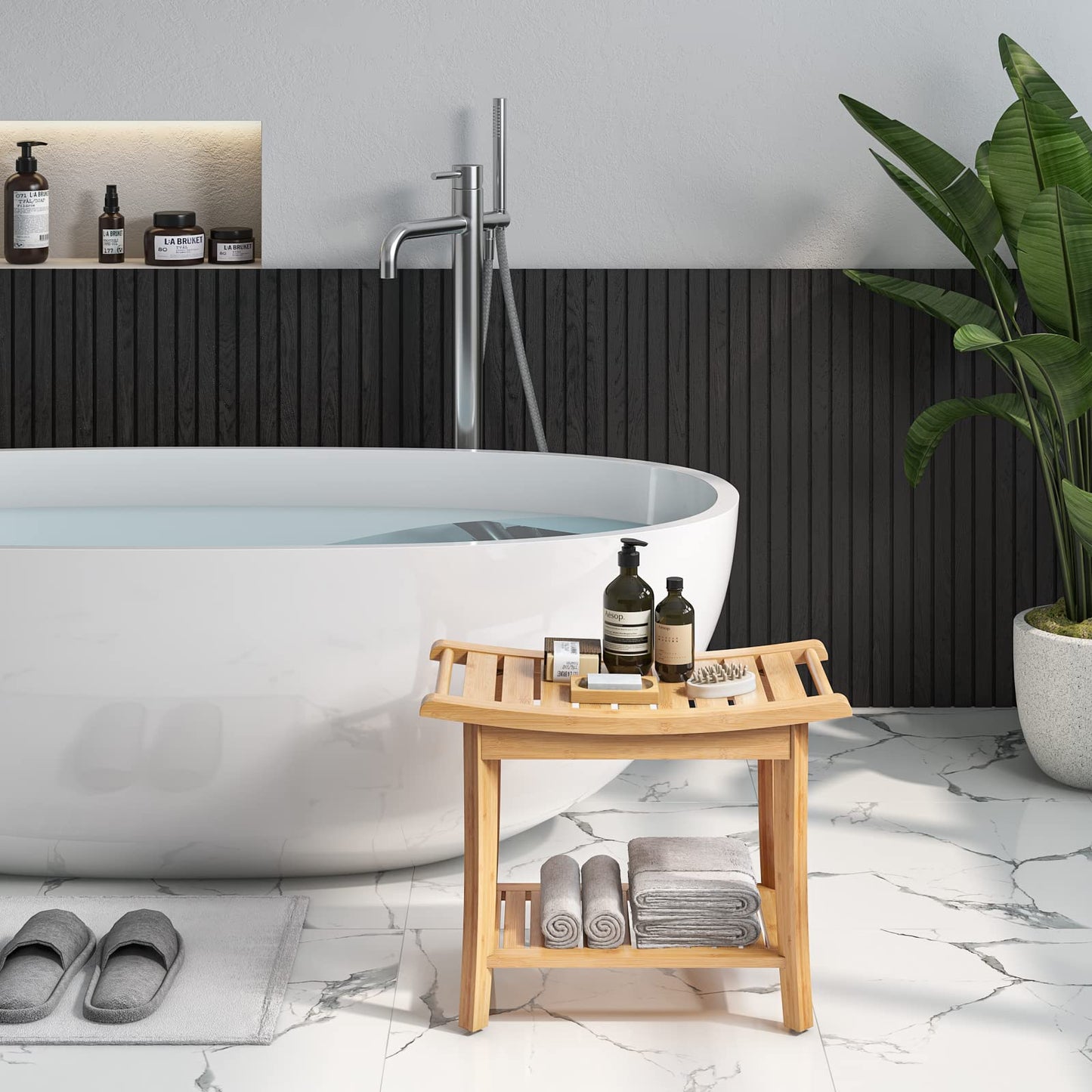 HOCSOK Bamboo Stool Bench Bathroom Shower Stool 2-Tier Water-resistant Non-slip Home Garden Balcony 60 x 33 x 46 cm Bathroom Furniture Natural with Soap Dish