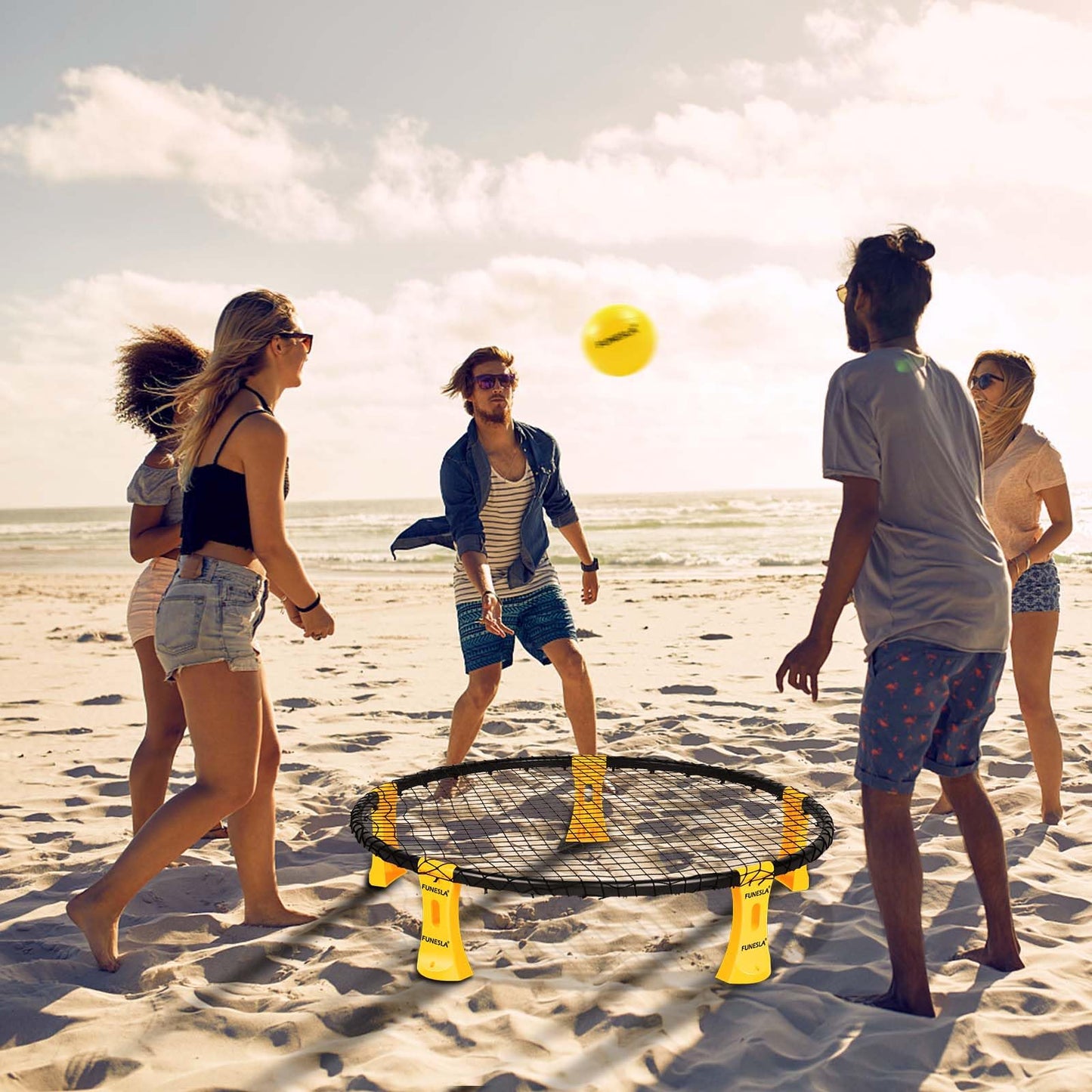Funeslaball Outdoor Game Set, Roundnet Game Set, Outdoor Team Ball Game consisting of game net, 3 balls, drawstring, ball pump, and manual