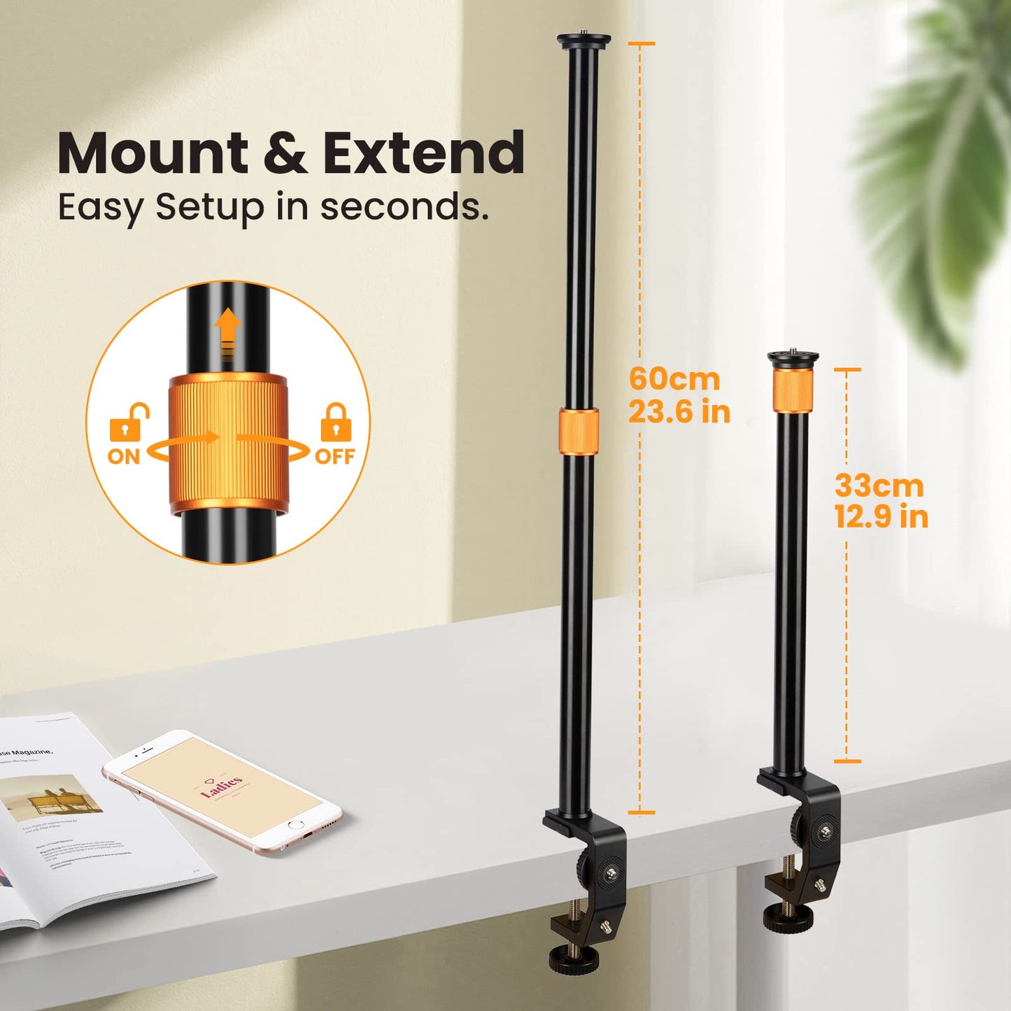 TARION C-Clamp Support Clamp Desk Mount for Camera With Ball Head and Adjustable Extension Rod 33-60cm for Vlogging Live Stream Photo Studio Light Photography Filming (TR-CS)