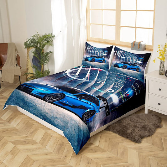 Race car duvet cover sets for twin beds, boys' speed sports automobile bedding set includes comforter cover and 1 pillowcase, perfect for manly bedroom decor in blue and gray.