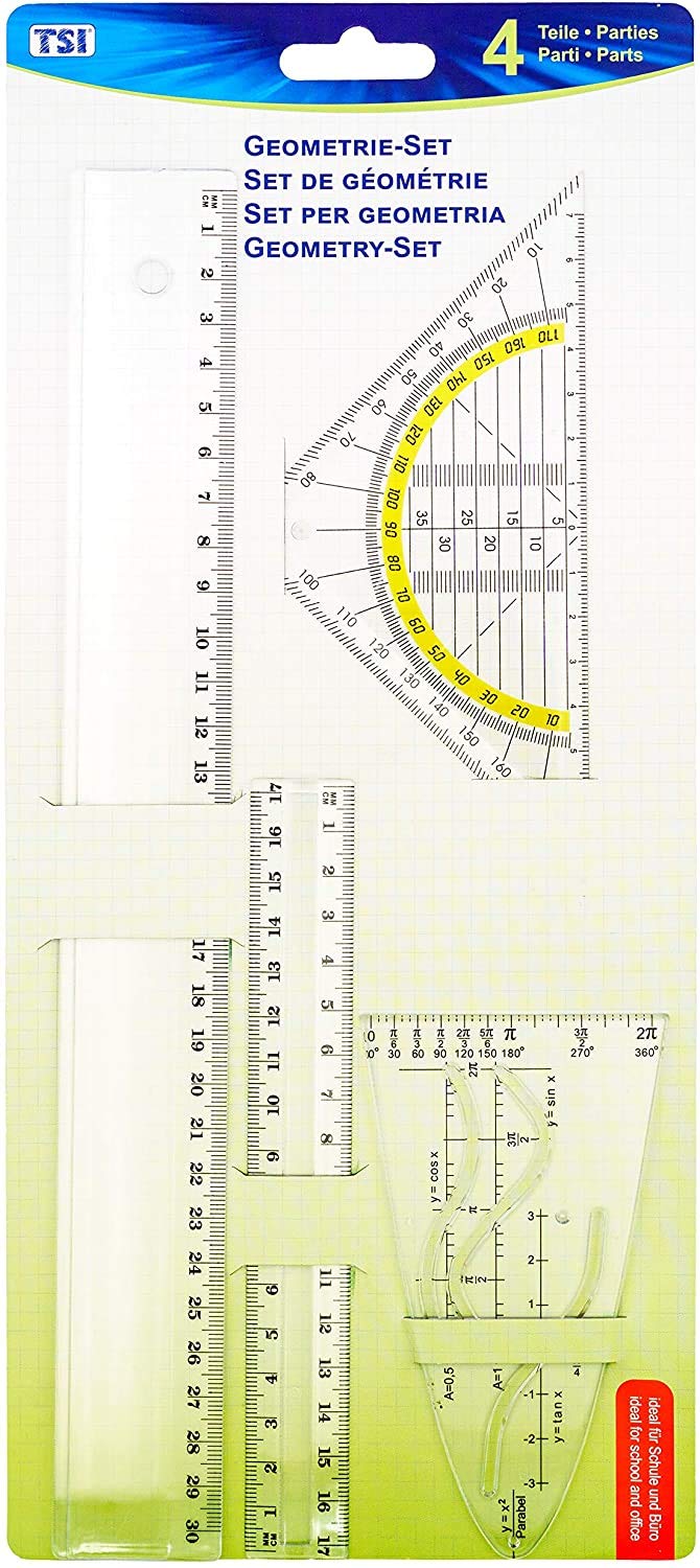 TSI 46294 Character set 4-piece with ruler 17 cm, 30 cm, parabola, and geometry triangle 16 cm (5)