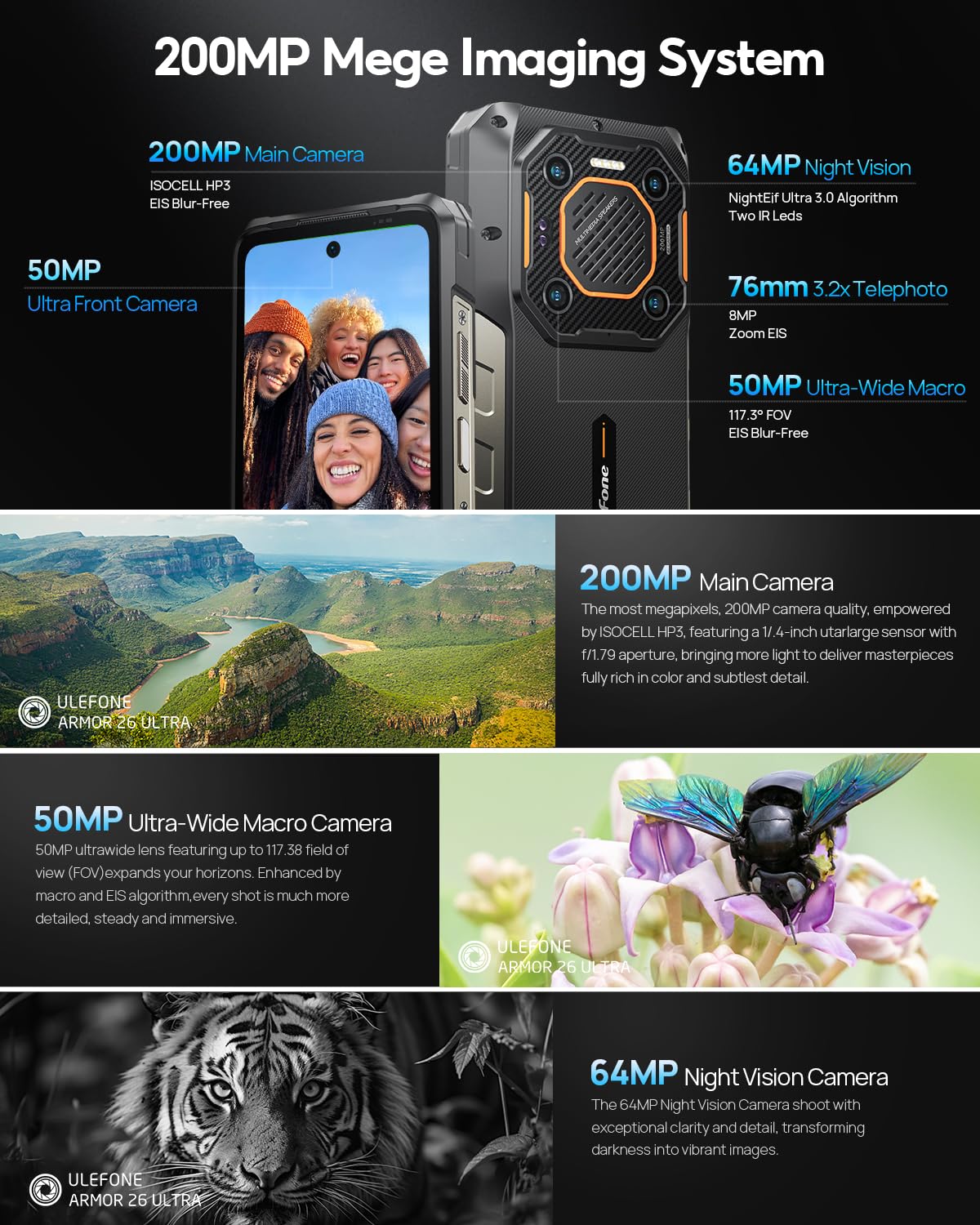 Ulefone Armor 26 Ultra 5G Outdoor Phone, 512GB+24GB 15600mAh/120W Dimensity 8020 200MP+50MP Camera 6.78” 120Hz 121dB IP68 Rugged Smartphone Android 13 Dual SIM Fingerprint ID/NFC 2 Year Warranty.