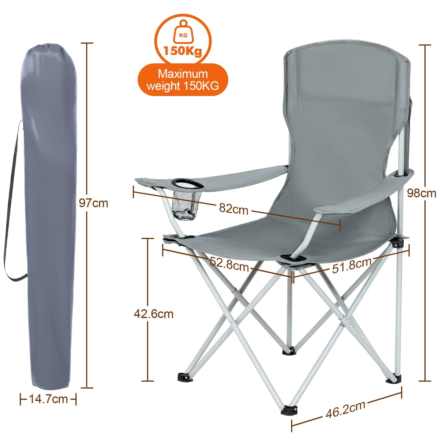 AMHANCIBLE Folding Camping Chair 2 Pack, Foldable Fishing Chair with Cup Holder, Garden Chair with High Backrest, Folding Camping Chair with Armrests, Lightweight, Portable Camping Chairs, up to 150kg EOCC02GY