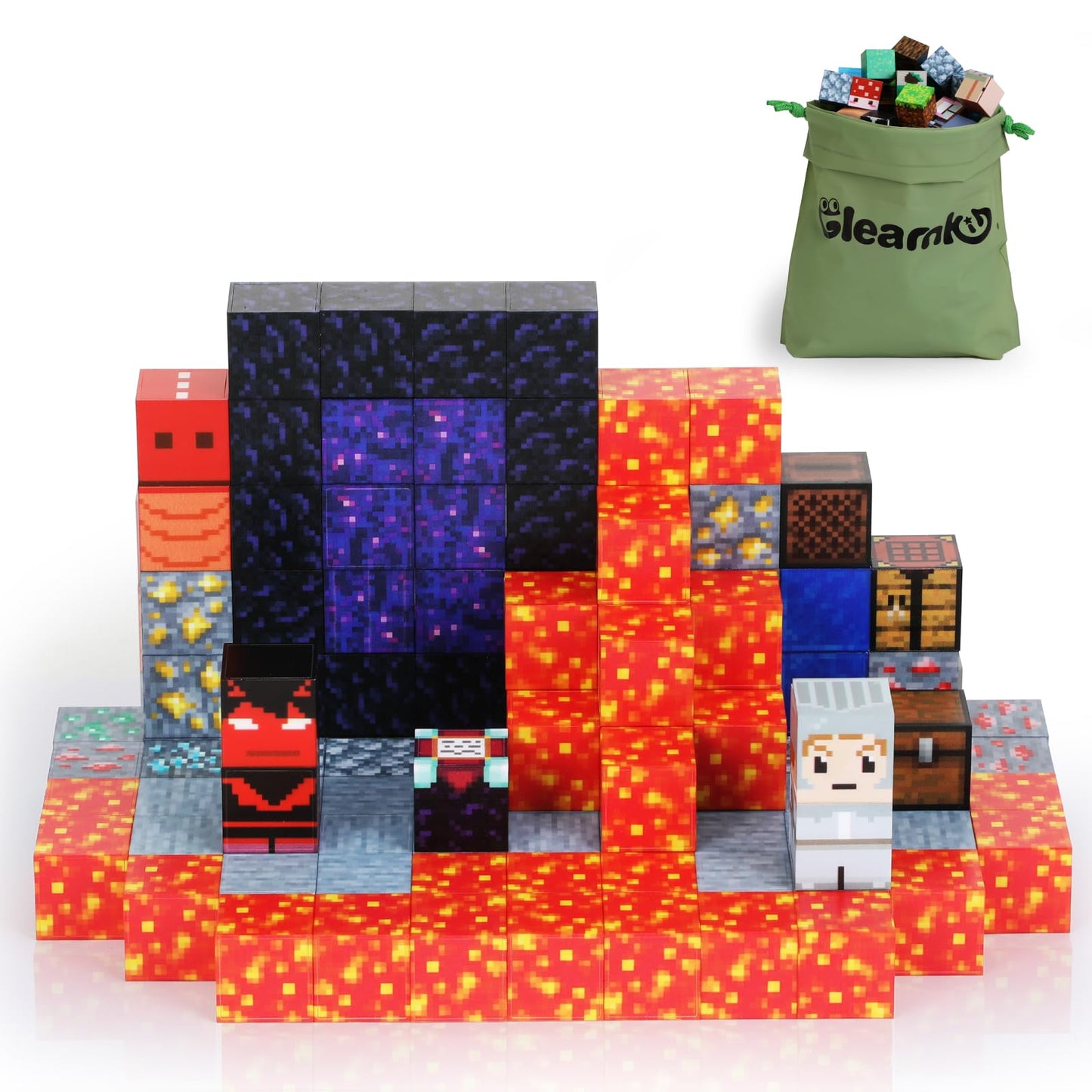 Gleamkid Magnetic Building Blocks, 115 Pieces Magnetic Blocks, Build Lava River, Volcano, Dinosaur World Adventure Block Game for Boys and Girls Ages 3+