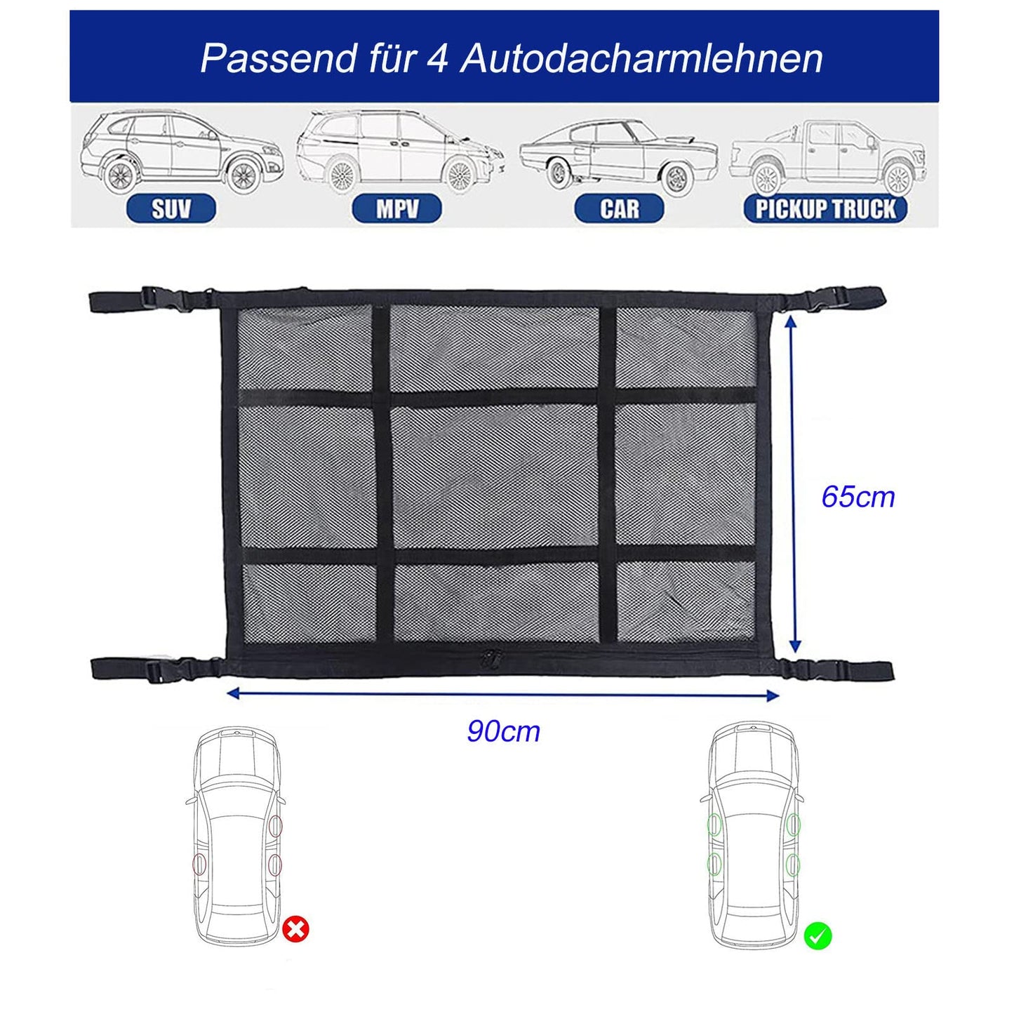 ViWaVee Car Roof Rack Net, double-layered car roof storage for blankets, car net organizer for four roof armrests, SUV, van. Great car camping accessory for long road trips. (90 x 65 cm)