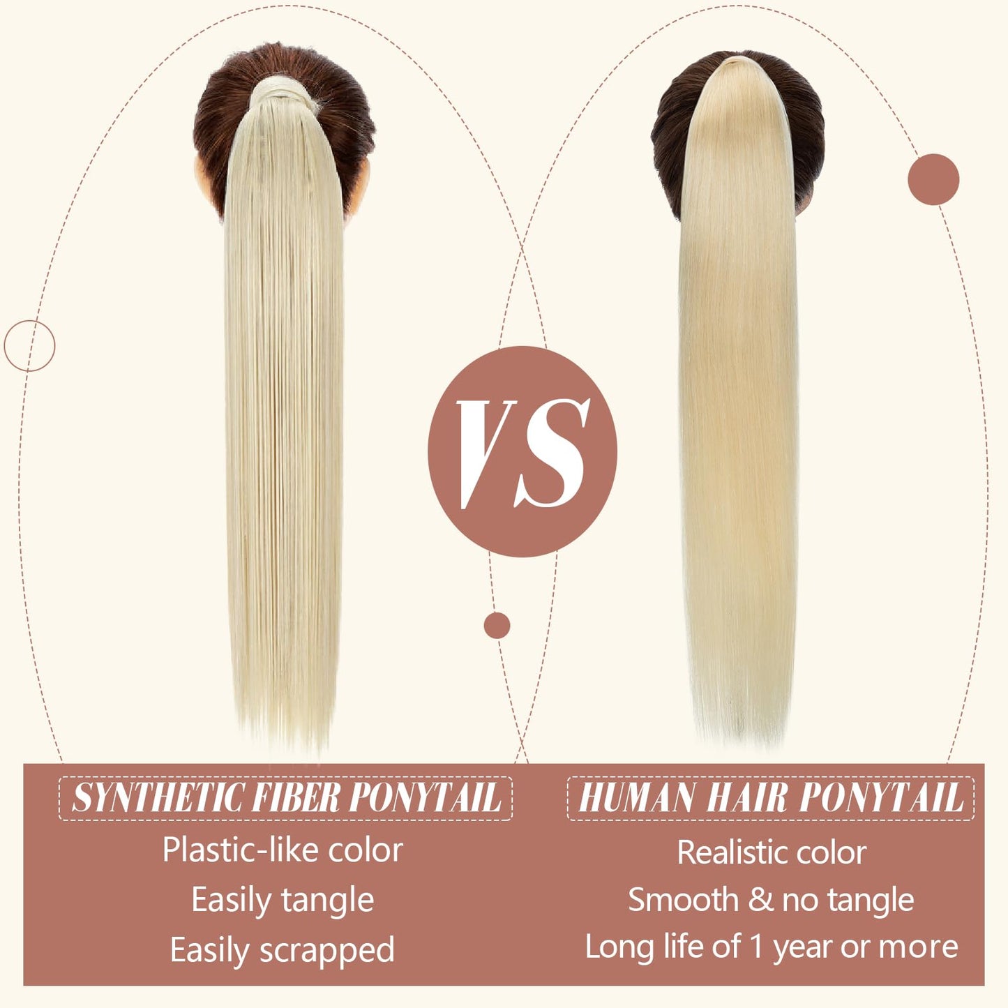 Elite Ponytail Hairpiece Extensions 100% Real Hair Hair Extension Women Clip in Ponytail Extension Blonde Black Straight 40cm 80g #613 Bleached Blonde