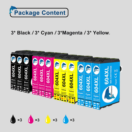 GoToners 604 XL printer cartridges are compatible with 604 604XL cartridges for Expression Home XP-2200 XP-2205 XP-3200 XP-3205 XP-4200 XP-4205, Workforce WF-2910 WF-2930 WF-2950 (12 pack).
