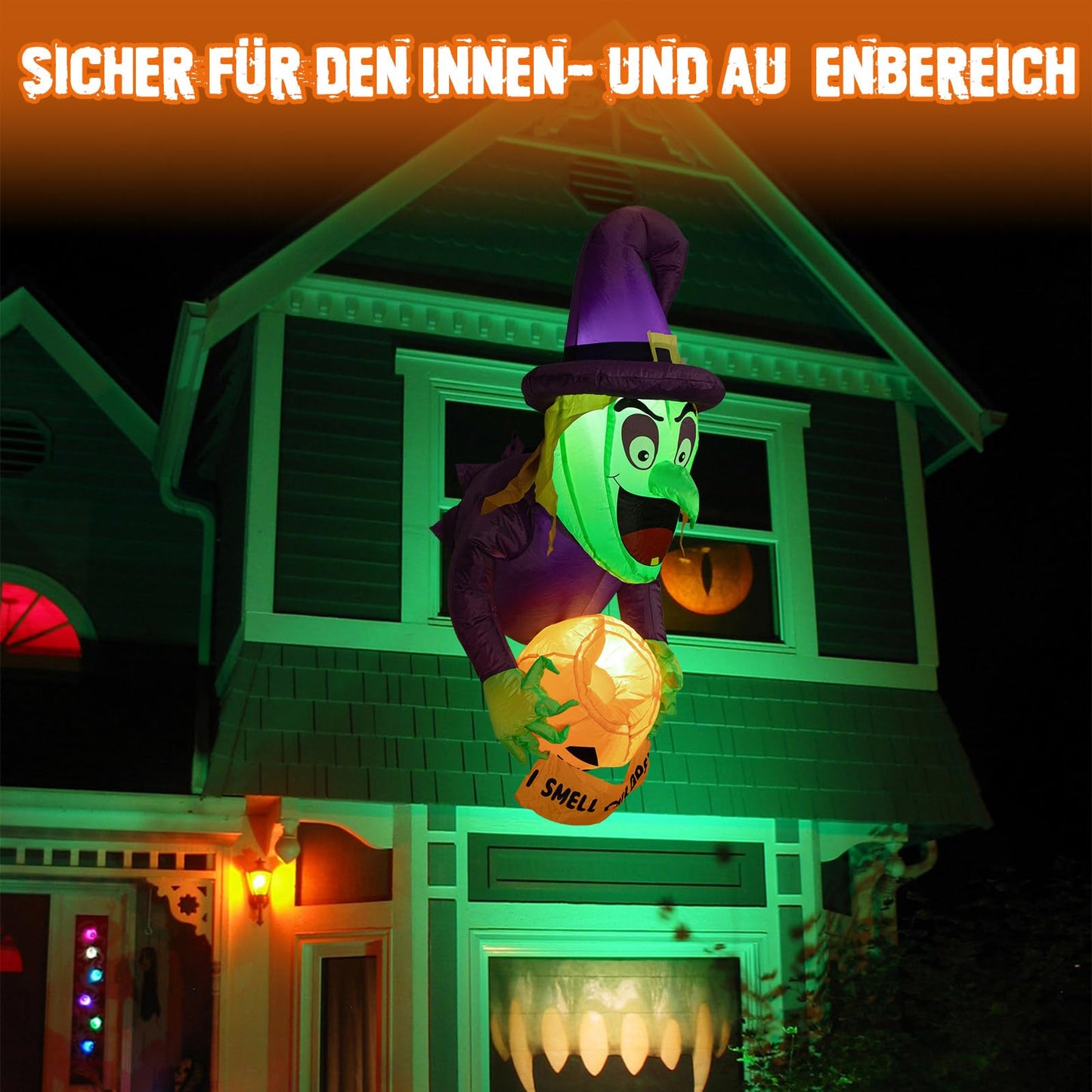 4.5 Ft Halloween inflatable witch, Halloween outdoor window decoration, ghost witches with pumpkin candy jar, built-in LED lights, Halloween inflatable Halloween decoration Garden, outdoor, party.