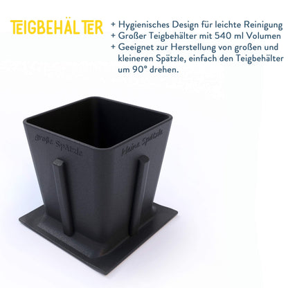 Rührspatz® patented in the Allgäu region: Stainless steel spätzle maker with stirring function, extra large dough container, cooks spätzle 4x faster! No more messy stovetop with stop function [Pot diameter up to 32 cm].