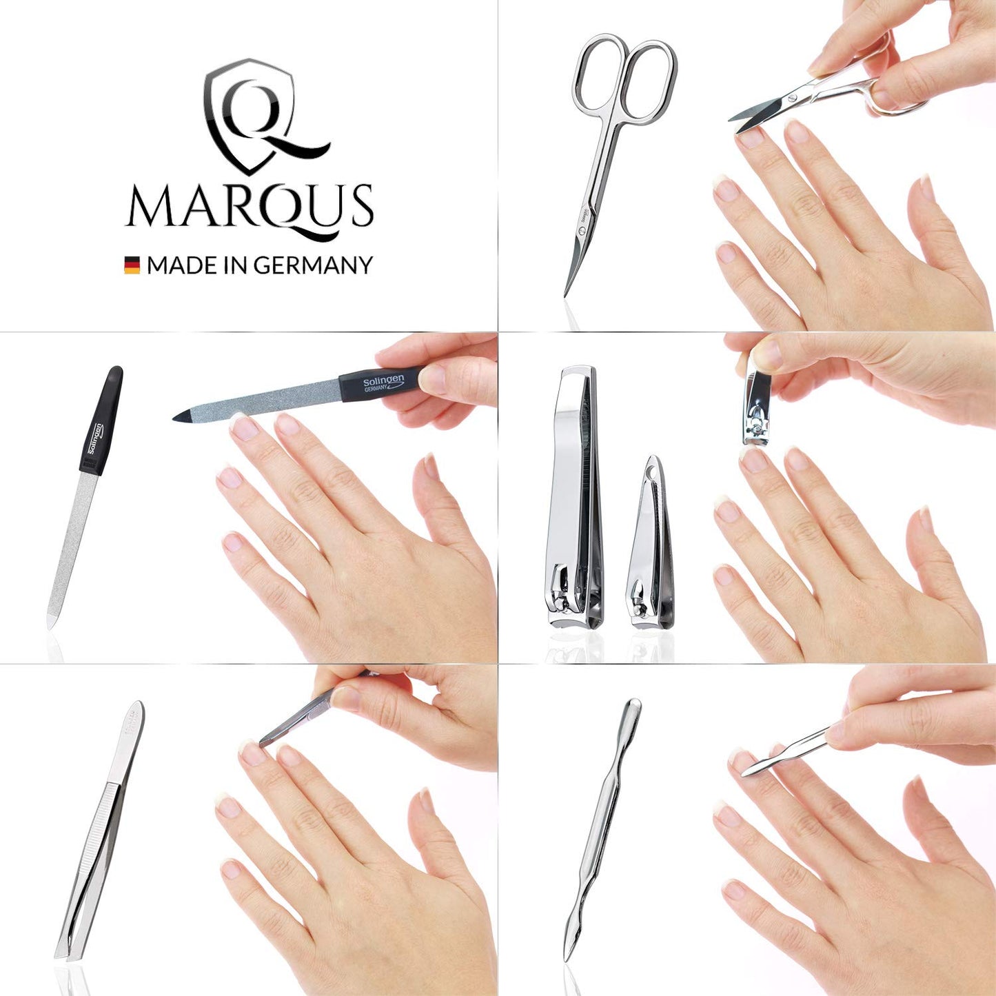 Manicure Set Solingen with top price/performance ratio - synthetic leather case handy and soft - 6-piece nail set for ladies and gentlemen marQus made of shiny nickel-plated polished steel.