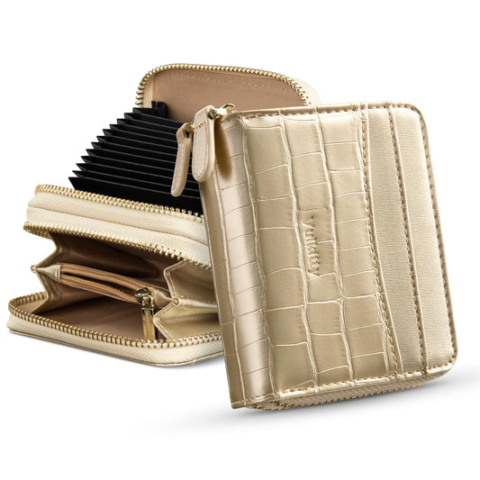 Vulkitty Women's Wallet with Credit Card Holder Accordion Card Holder made of leather RFID blocking small wallet with zippered coin pocket