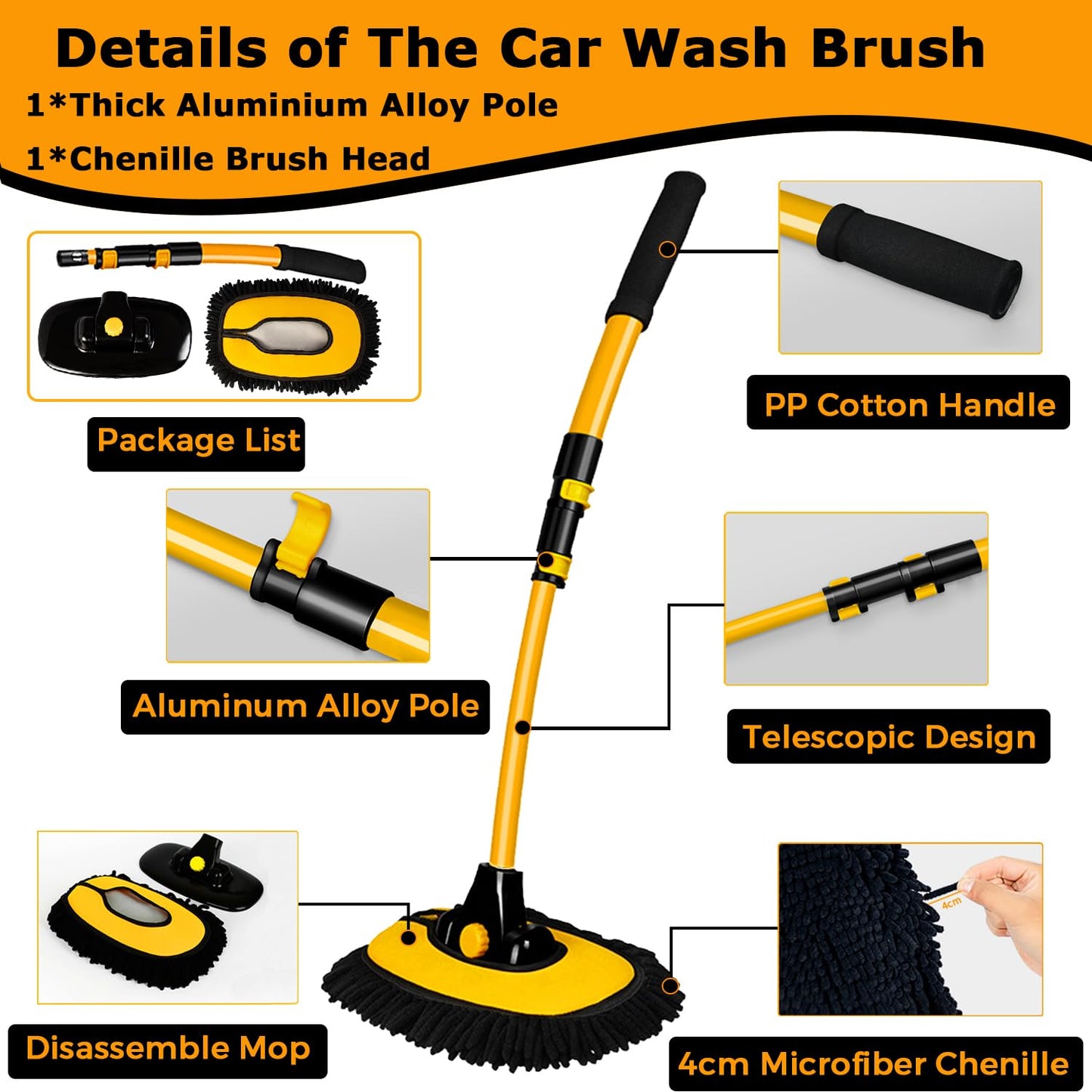 WillingHeart 15° Curve Car Wash Brush with Telescopic Handle RV Car Truck Auto Wash Brush Telescopic 43" Aluminum Microfiber Car Wash Mop Scratch-Free Cleaning Tool Wash Set Detailing Brush