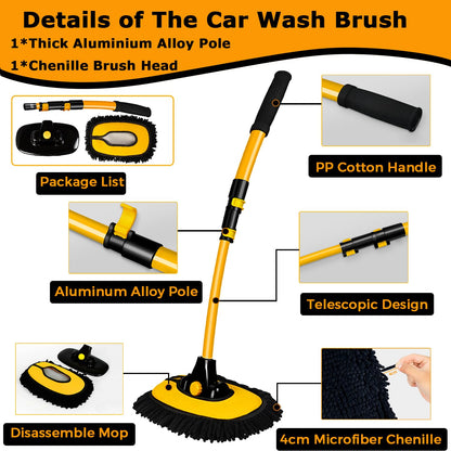 WillingHeart 15° Curve Car Wash Brush with Telescopic Handle RV Car Truck Auto Wash Brush Telescopic 43" Aluminum Microfiber Car Wash Mop Scratch-Free Cleaning Tool Wash Set Detailing Brush