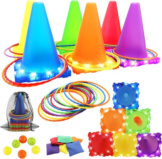 VATOS Light Up Throwing Games Outdoor Games Garden Games for Kids 3 4 5 6 years, Ball & Ring & Bean Bag Toss Game Set, Toss Game Garden Toy Games for Outside Outdoor Games Toy for Kids