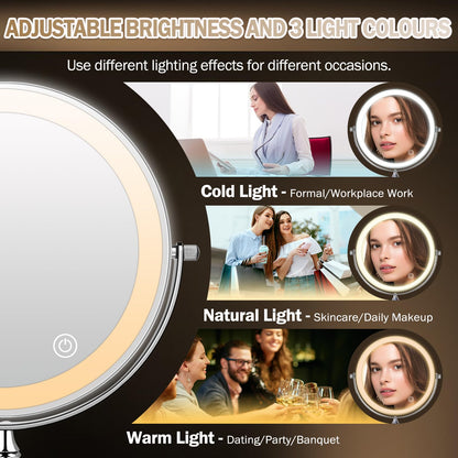 Amelar makeup mirror with lights, 1X/10X magnification, 2000mAh rechargeable battery, 3 colors dimmable, 360° swivel double-sided makeup mirror, tabletop mirror.