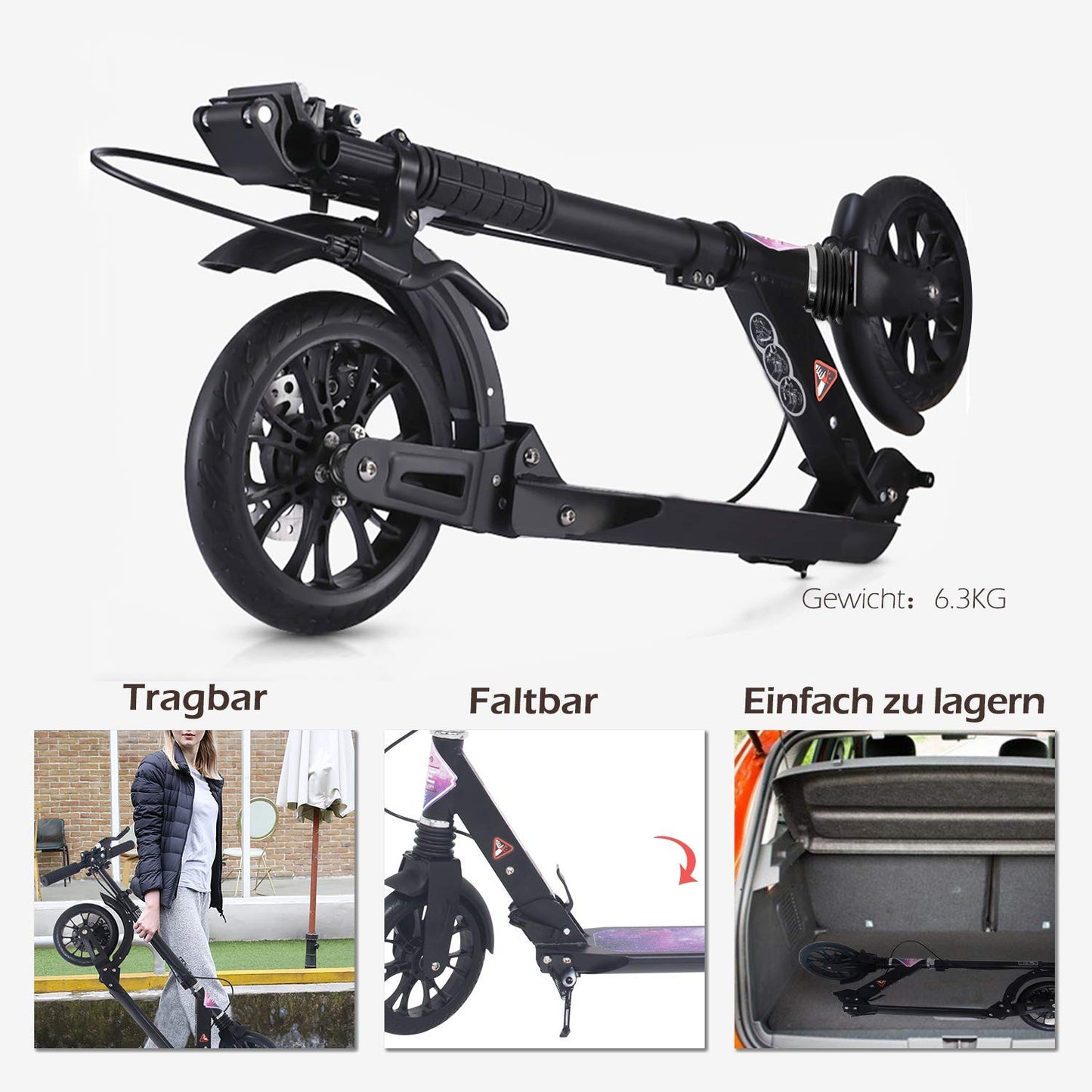 ISE Big Wheel Scooter 200mm Foldable City Scooter with 2 Wheels, Handbrake for Adults and Children, 2 Color Options, High Quality (Starry Sky Style)