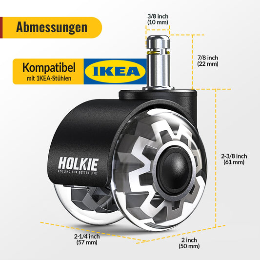 HOLKIE office chair casters 10mm suitable for 1KEA 5-piece set GreyRubber casters for office chairs Desk chairs with double wheels Chair casters for parquet Suitable for hard floors Quiet & smooth gliding