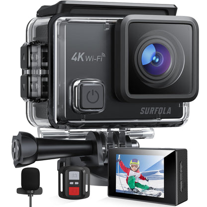 Surfola Action Cam 4K, underwater camera 40M waterproof 20MP EIS image stabilization 170° wide angle helmet camera WiFi
