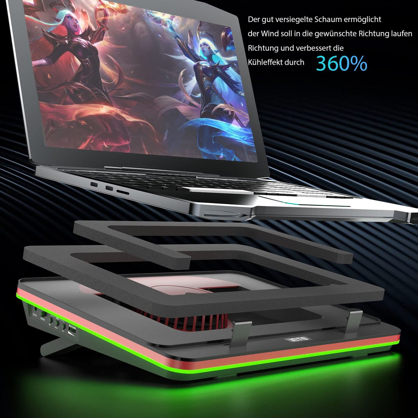 IETS GT500 Powerful Turbo Fan (5000 RPM) RGB Laptop Cooling Pad with stepless speed, sealing foam for fast cooling gaming laptop, 13-17.3 inch cooler with 3-port USB hub.
