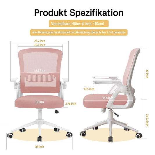 naspaluro office chair with foldable armrests, ergonomic desk chair with mesh backrest, lumbar support, height adjustable, rocking function, padded seat cushion, pink