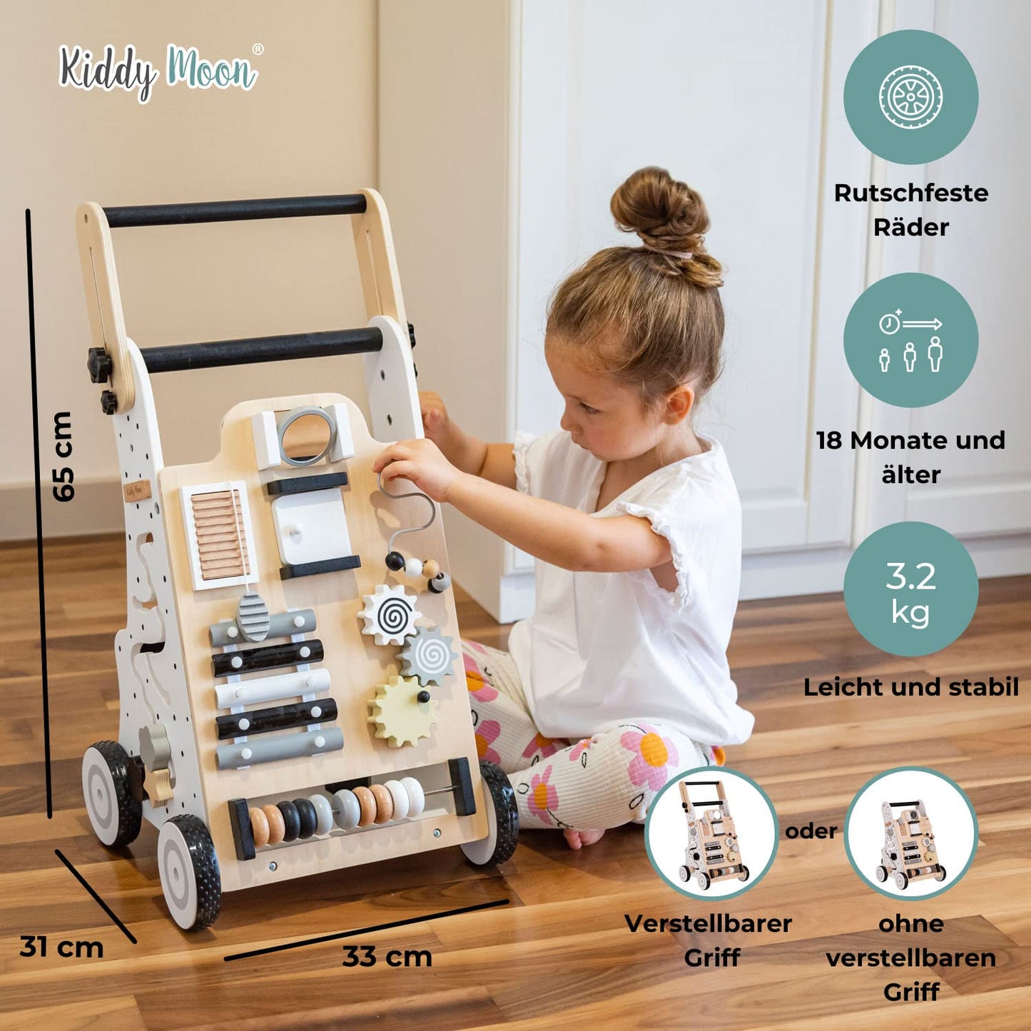 KiddyMoon wooden baby walker for kids, walking aid fun for babies, learning to walk, multifunctional wooden toy for toddlers Montessori toy WK-001, black - white.