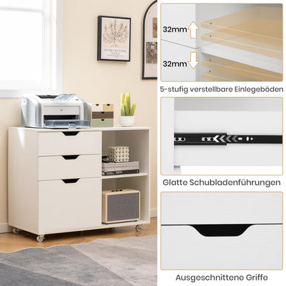 GOPLUS Roll container, mobile filing cabinet with 5 wheels, 3 drawers and 2 open compartments, office cabinet printer stand for documents in A4, letter & legal format (white)