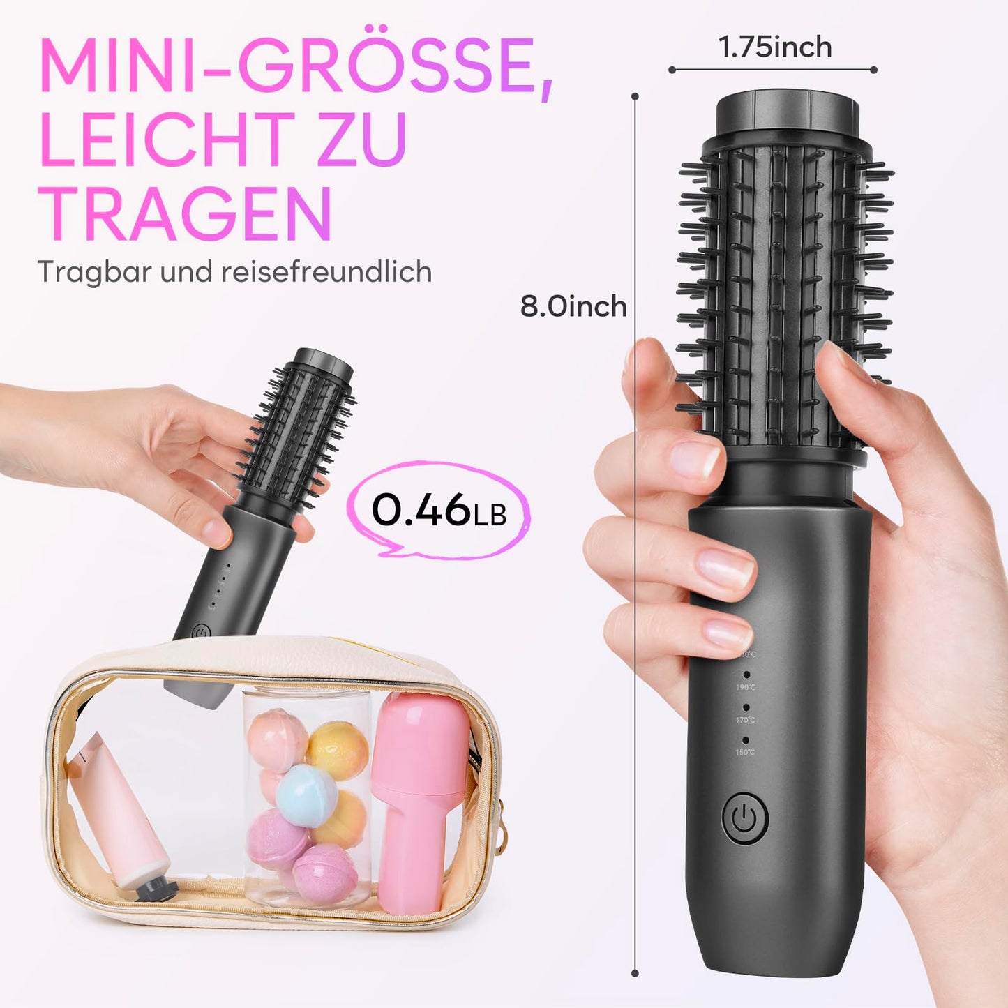 Wireless curling iron brush, 2024 NEW Portable travel curling iron mini brush for women, 7000 mAh USB rechargeable curling iron brush with negative ions, black.
